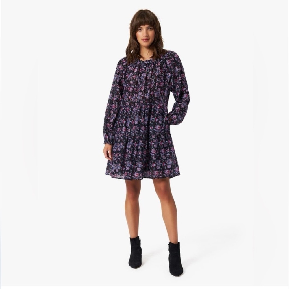 XIRENA Lea Shirred Off the Shoulder Tiered Silk Blend Dress Black Beauty Floral - Picture 16 of 16